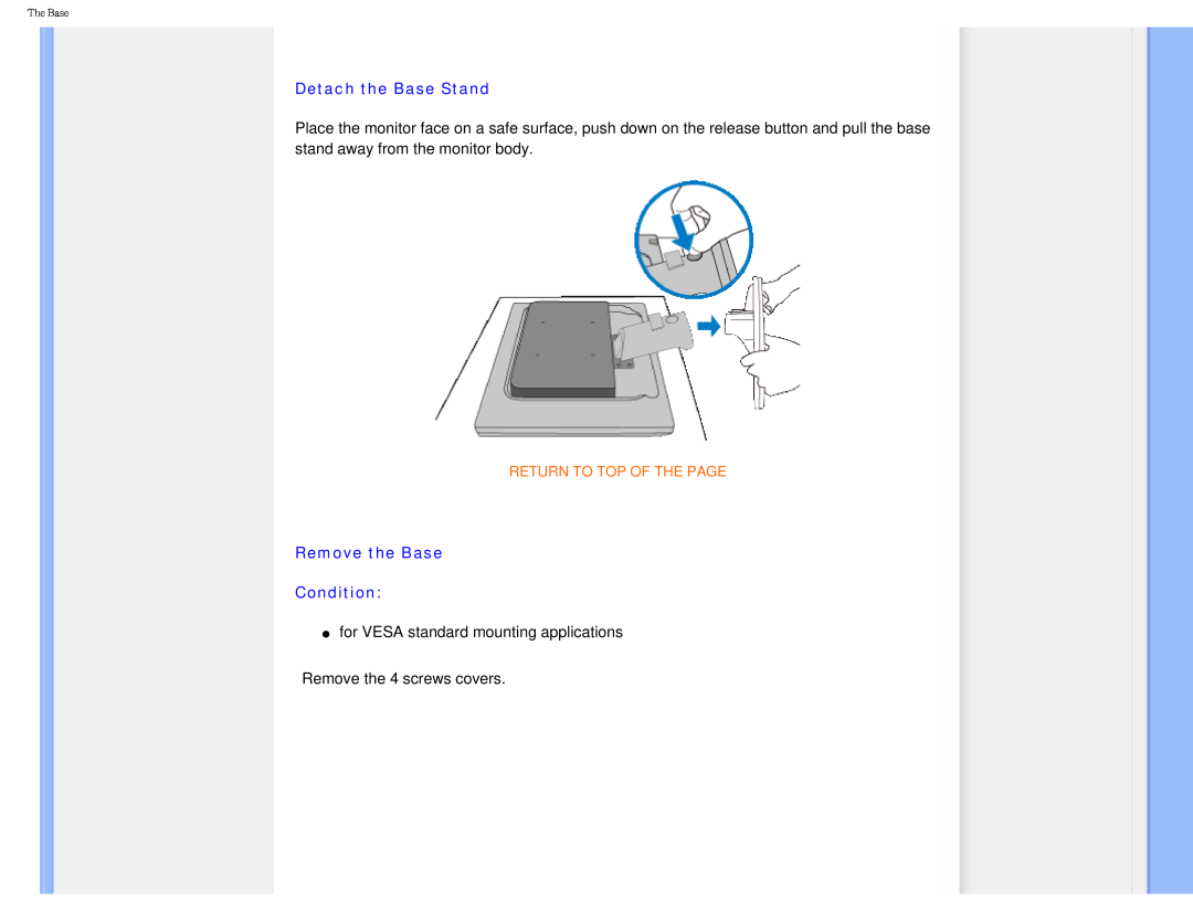 Philips I7SIA user manual Detach the Base Stand, Remove the Base Condition, Return To Top Of The Page 