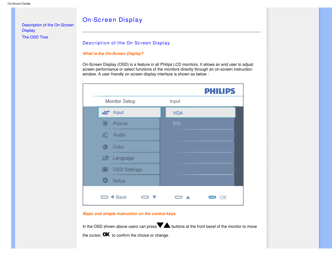 Philips I7SIA user manual Description of the On Screen Display, Description of the On-Screen Display The OSD Tree 