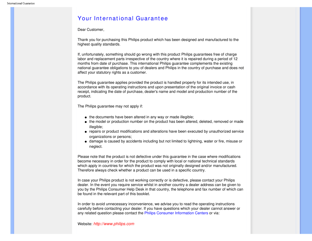 Philips I7SIA user manual Your International Guarantee 