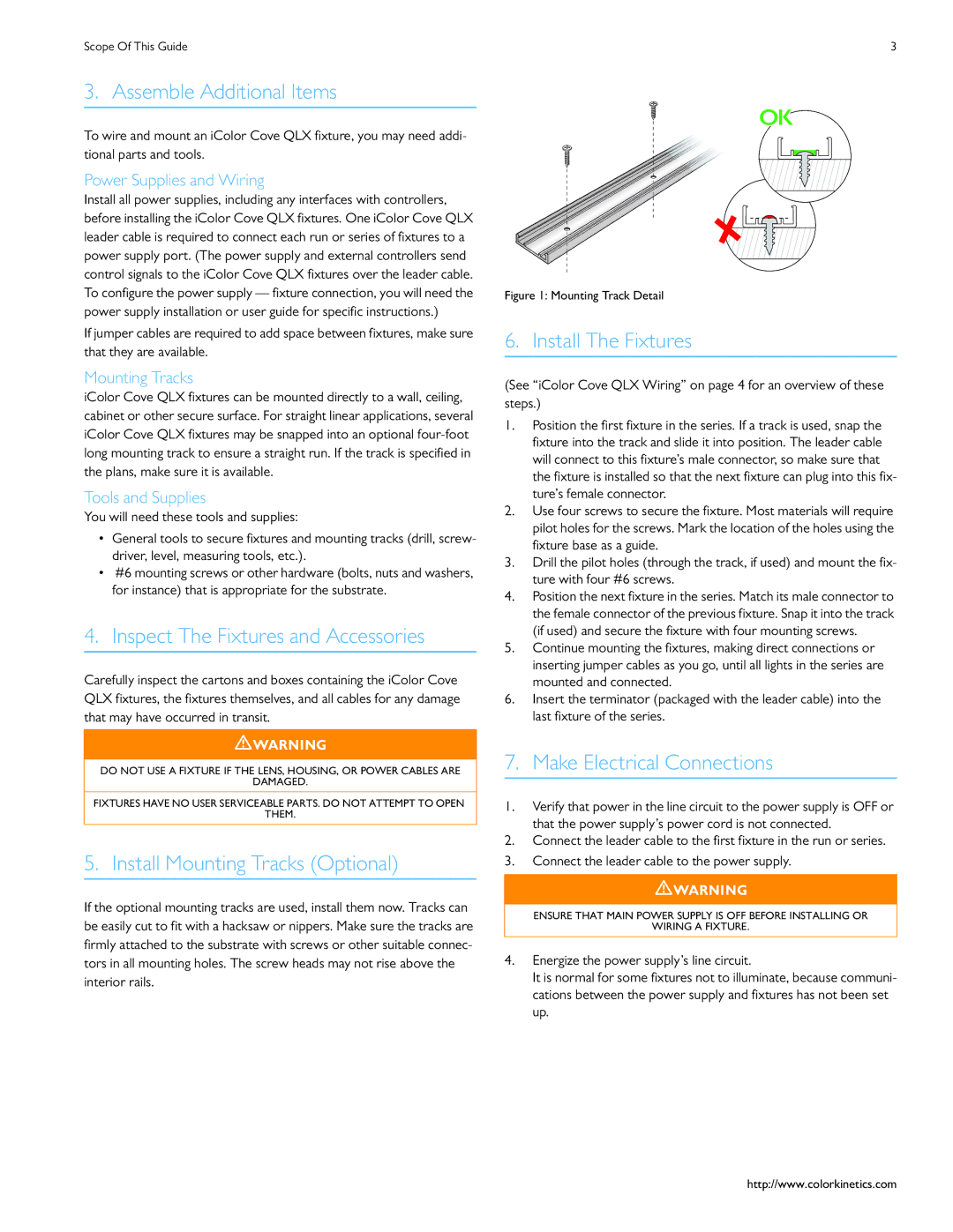 Philips iColor Cove QLX Assemble Additional Items, Inspect The Fixtures and Accessories, Install Mounting Tracks Optional 