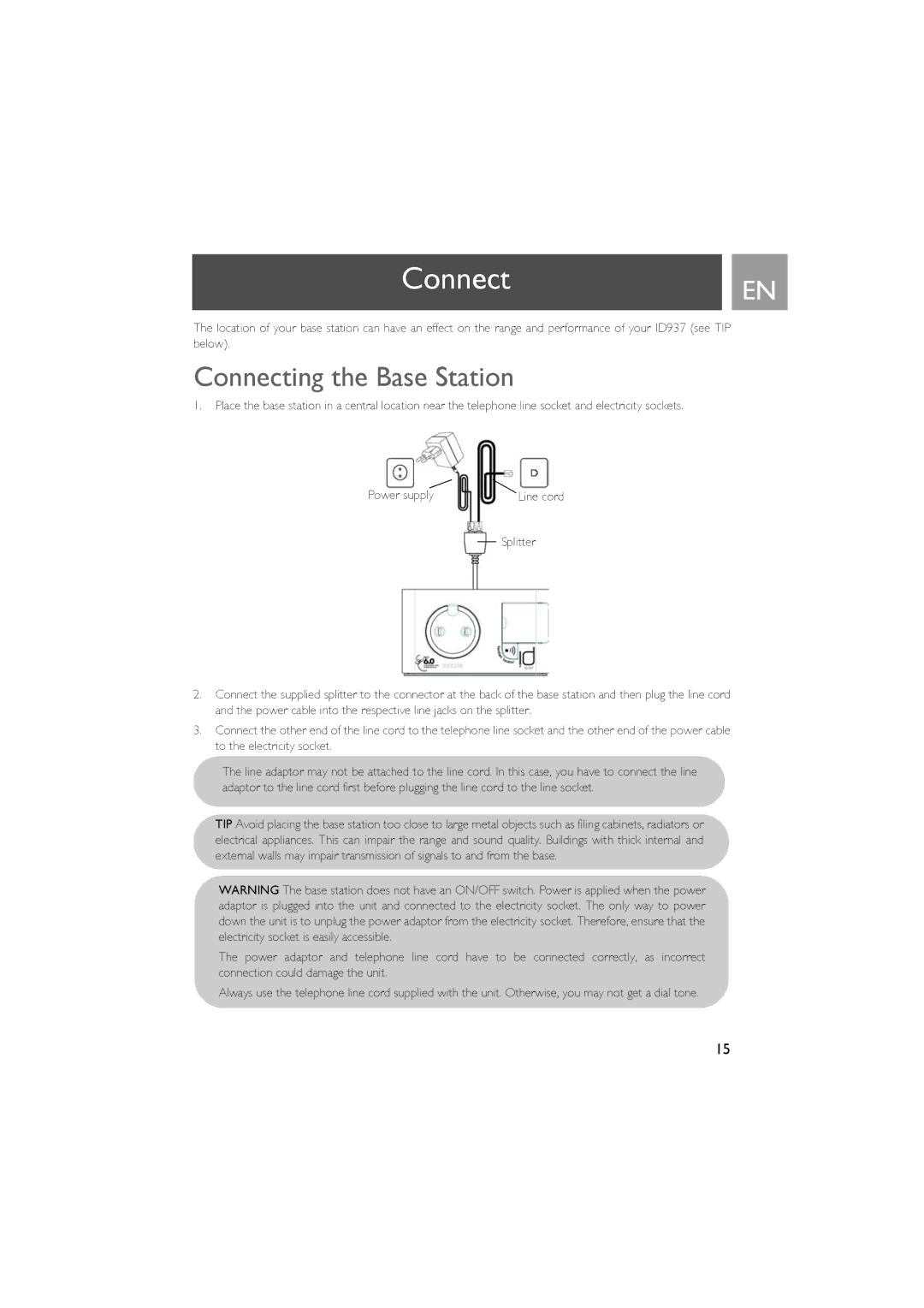 Philips ID937 user manual ConnectEN, Connecting the Base Station, Line cord 