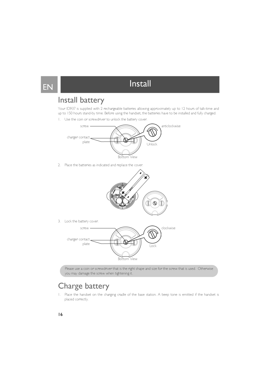 Philips ID937 ENInstall, Install battery, Charge battery, Use the coin or screwdriver to unlock the battery cover 