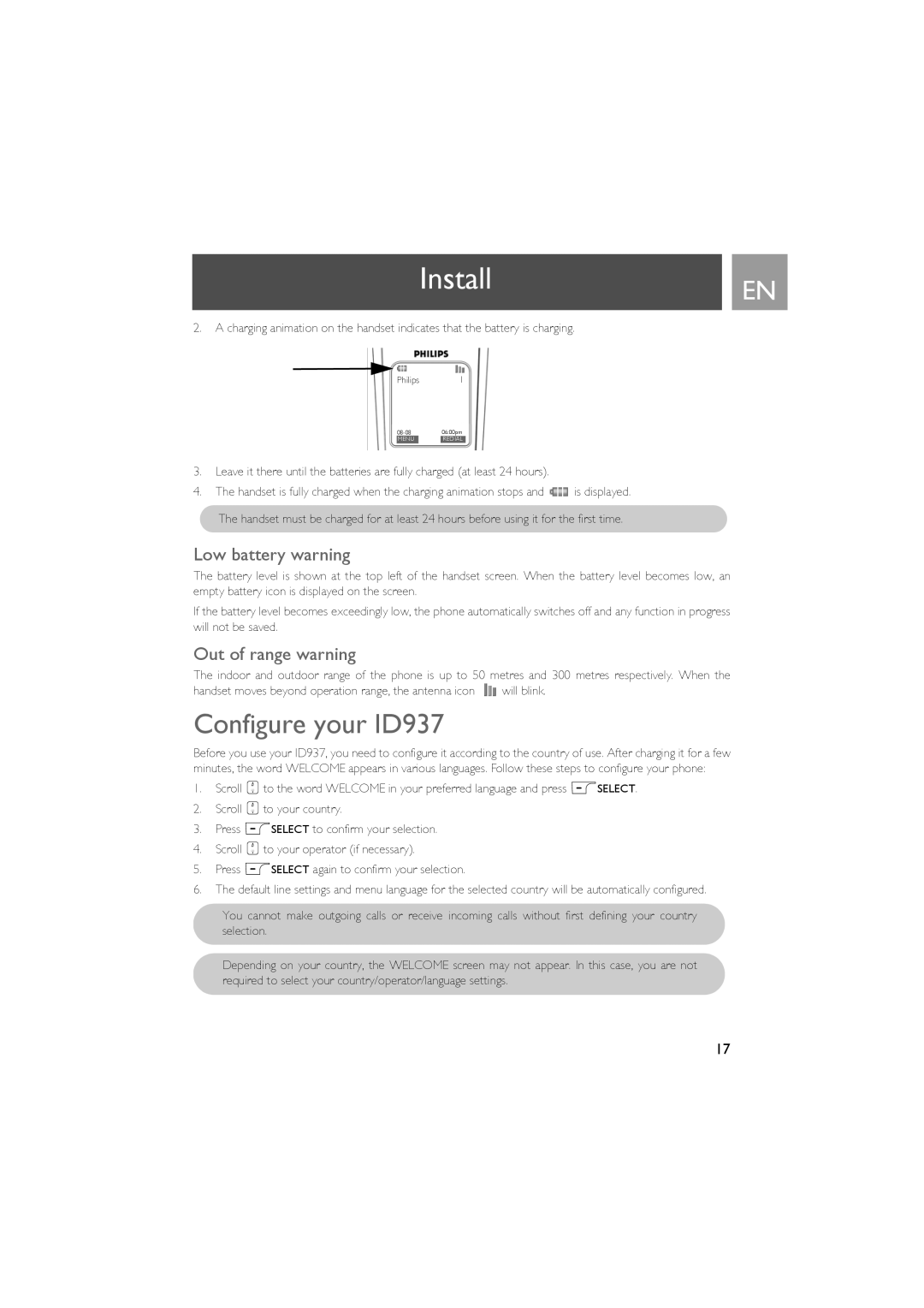 Philips user manual InstallEN, Configure your ID937, Low battery warning, Out of range warning 