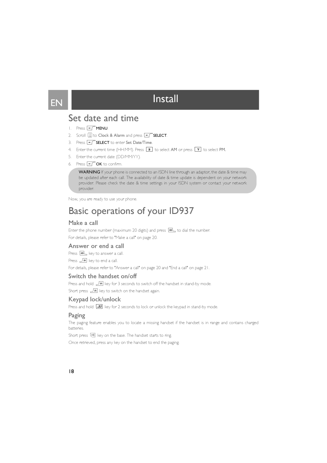 Philips user manual Set date and time, Basic operations of your ID937 