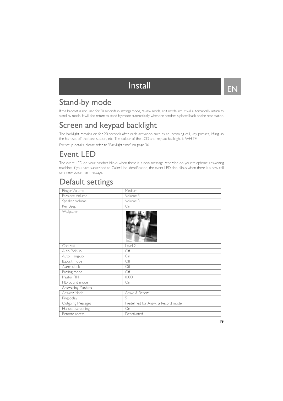 Philips ID937 user manual Stand-by mode, Screen and keypad backlight, Event LED, Default settings, Answering Machine 