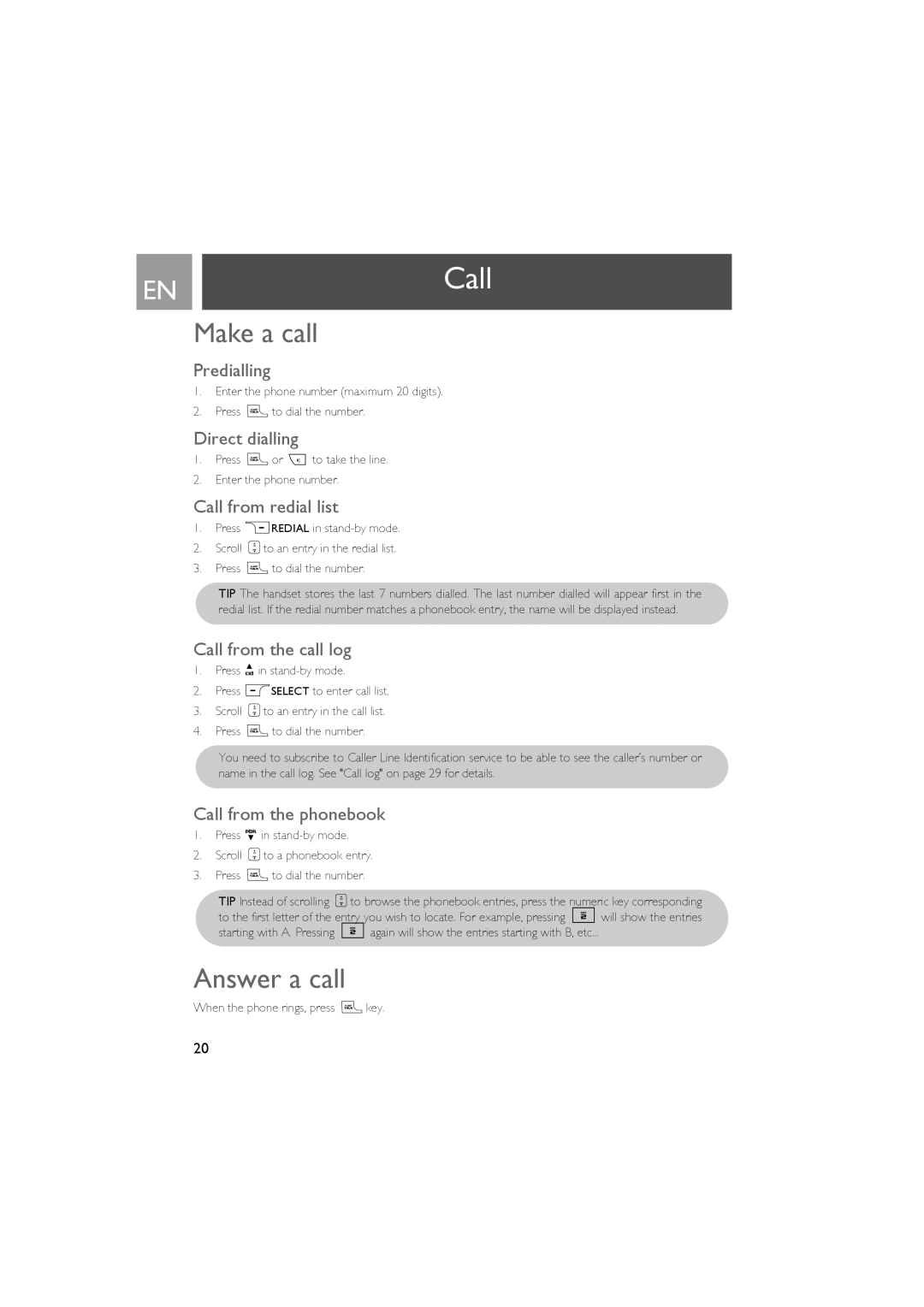 Philips ID937 user manual ENCall, Make a call, Answer a call 