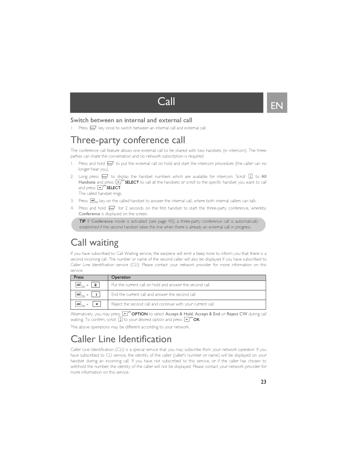 Philips ID937 user manual Three-party conference call, Call waiting, Caller Line Identification 