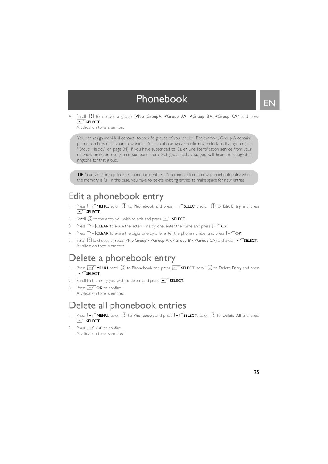 Philips ID937 user manual PhonebookEN, Edit a phonebook entry, Delete a phonebook entry, Delete all phonebook entries 