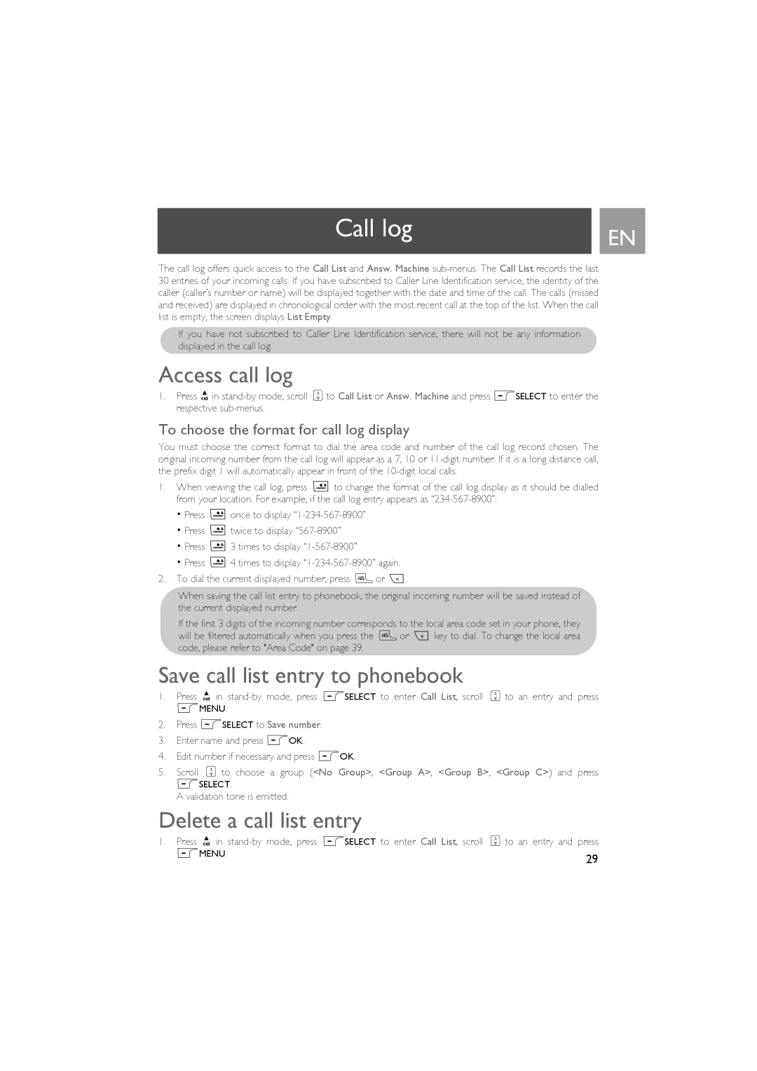 Philips ID937 user manual Call log, Access call log, Save call list entry to phonebook, Delete a call list entry 