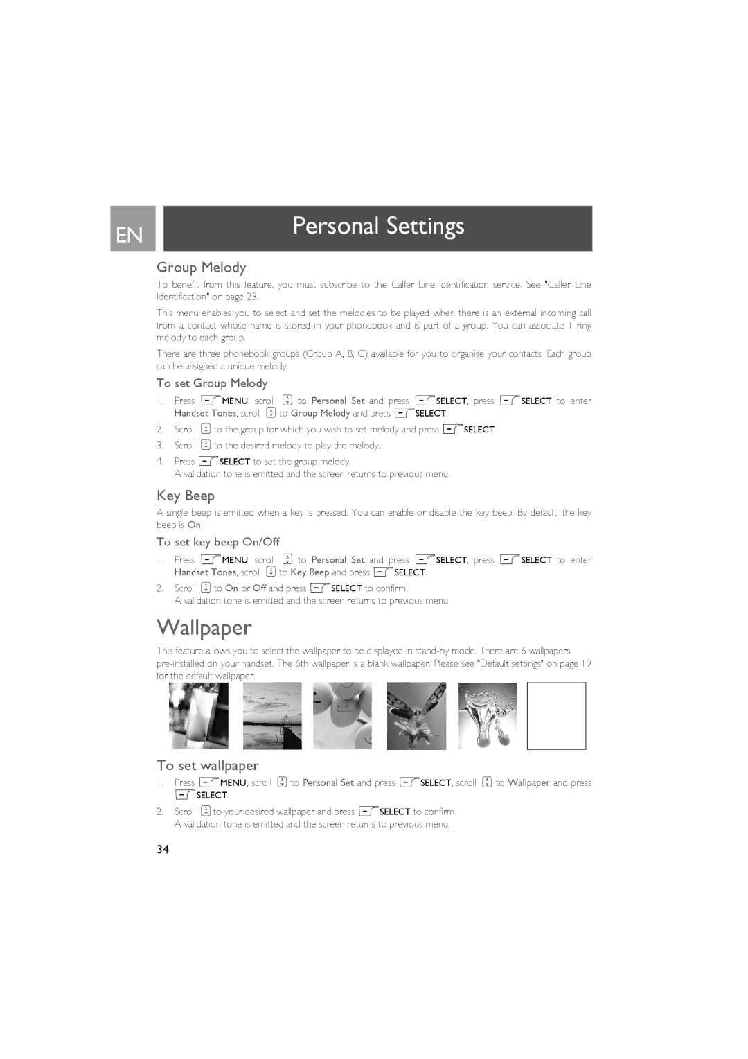 Philips ID937 user manual Wallpaper, Group Melody, Key Beep, To set wallpaper 