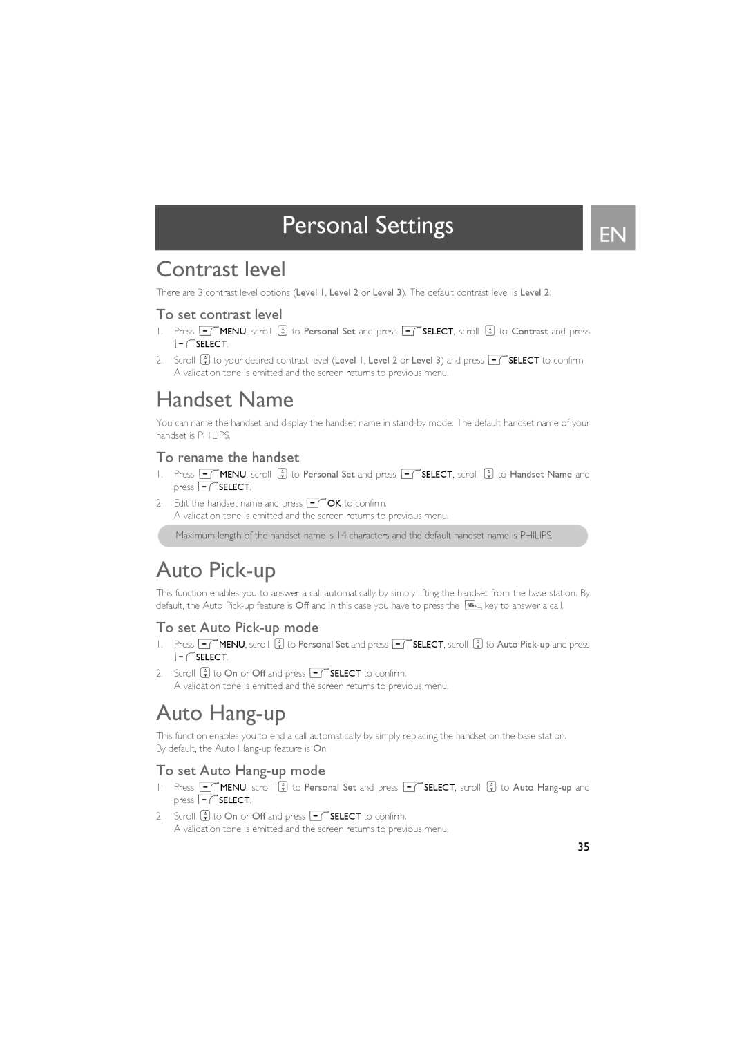 Philips ID937 user manual Contrast level, Handset Name, Auto Pick-up, Auto Hang-up 