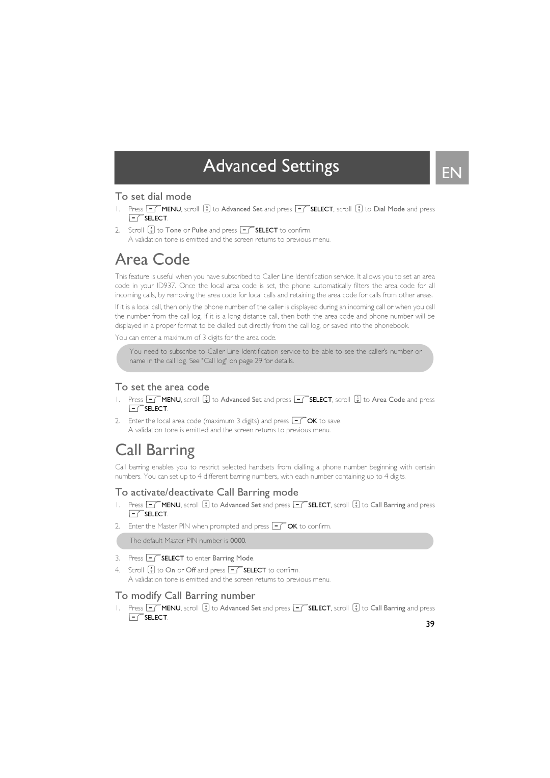 Philips ID937 user manual Area Code, Call Barring 