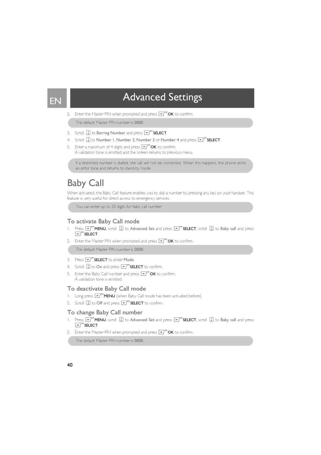 Philips ID937 user manual To activate Baby Call mode, To deactivate Baby Call mode, To change Baby Call number 