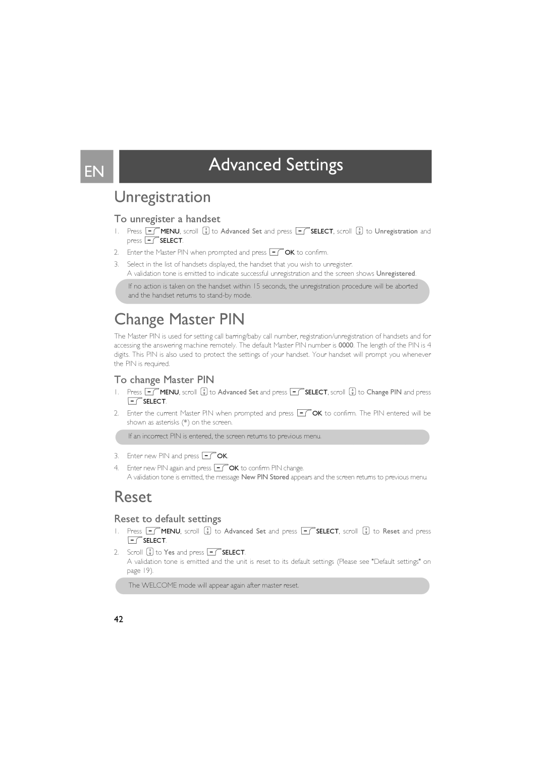 Philips ID937 user manual Unregistration, Change Master PIN, Reset 