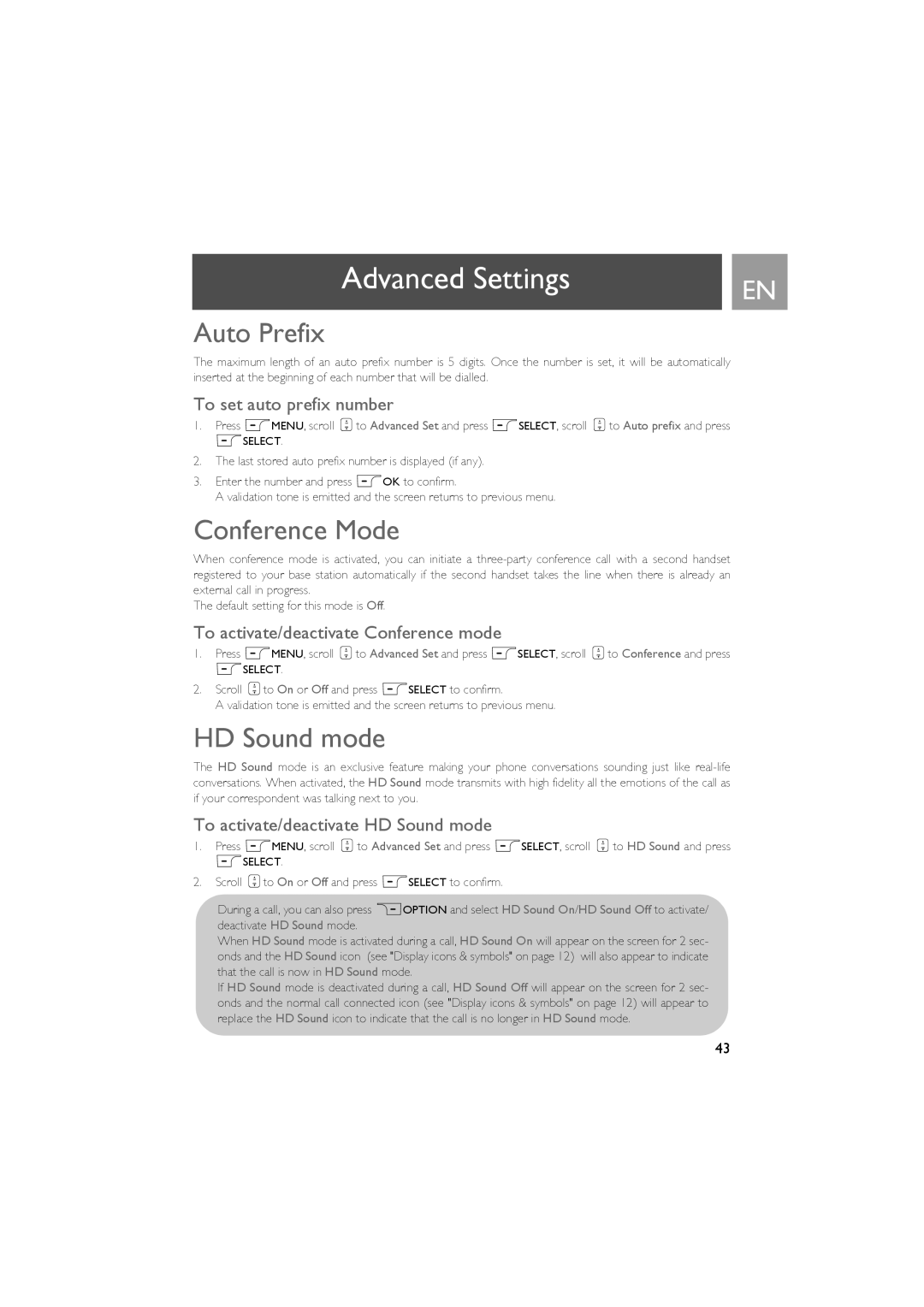 Philips ID937 user manual Auto Prefix, Conference Mode, HD Sound mode 