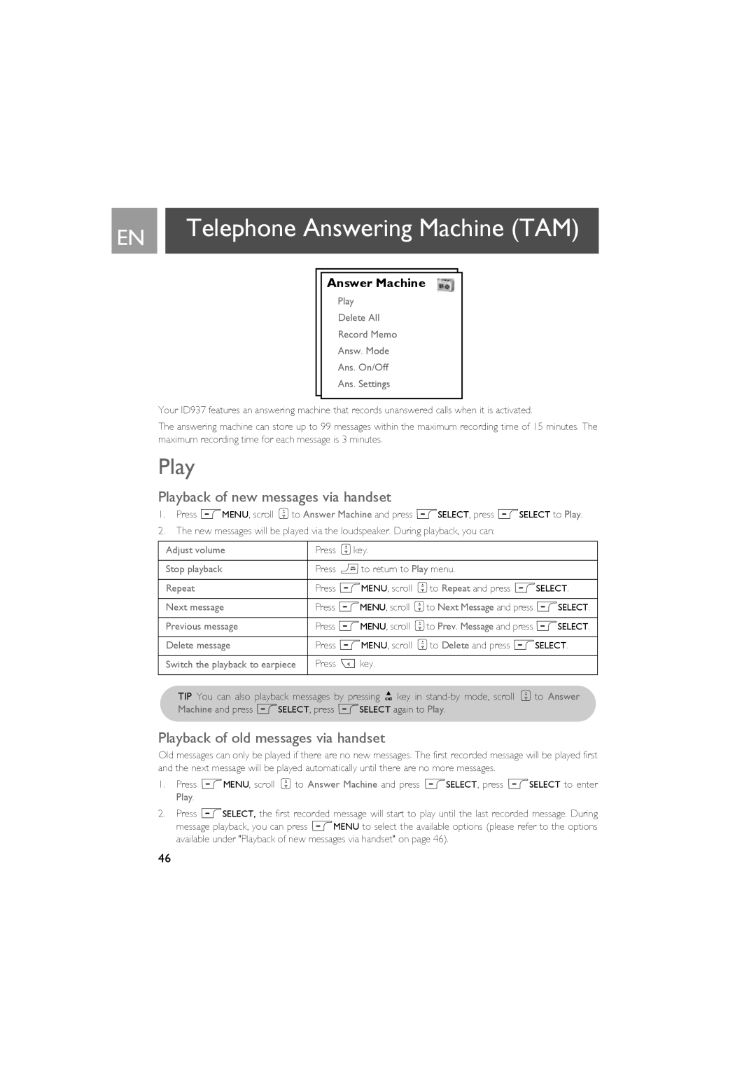 Philips ID937 user manual Playback of new messages via handset, Playback of old messages via handset 