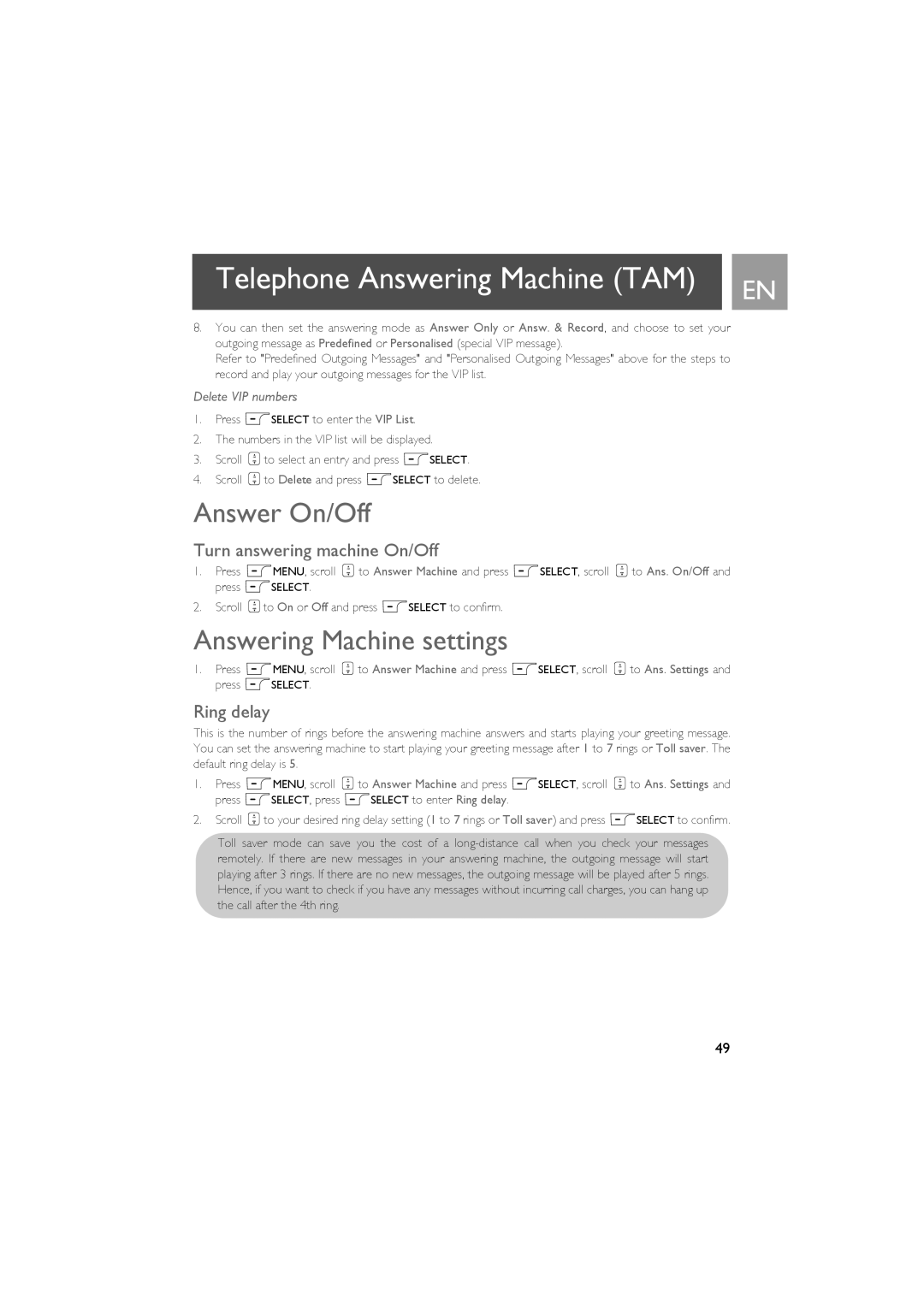 Philips ID937 user manual Answer On/Off, Answering Machine settings, Turn answering machine On/Off, Ring delay 