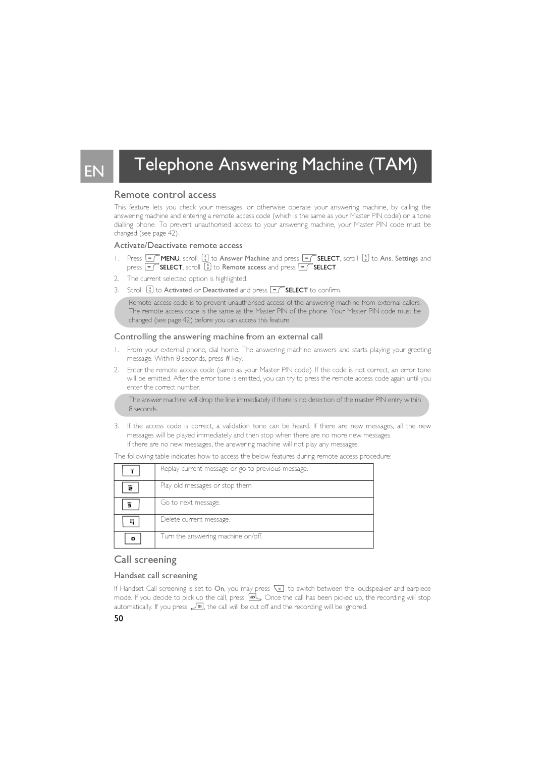 Philips ID937 user manual Remote control access, Call screening 