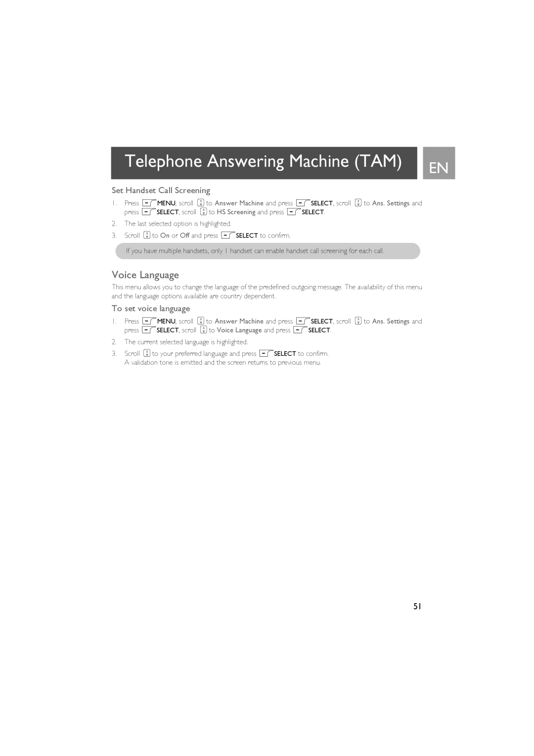 Philips ID937 user manual Voice Language, Set Handset Call Screening 