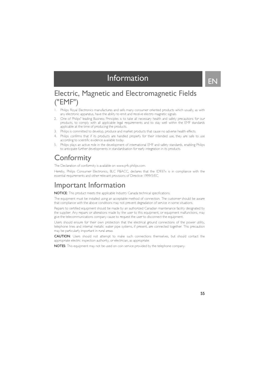 Philips ID937 InformationEN, Electric, Magnetic and Electromagnetic Fields EMF, Conformity, Important Information 