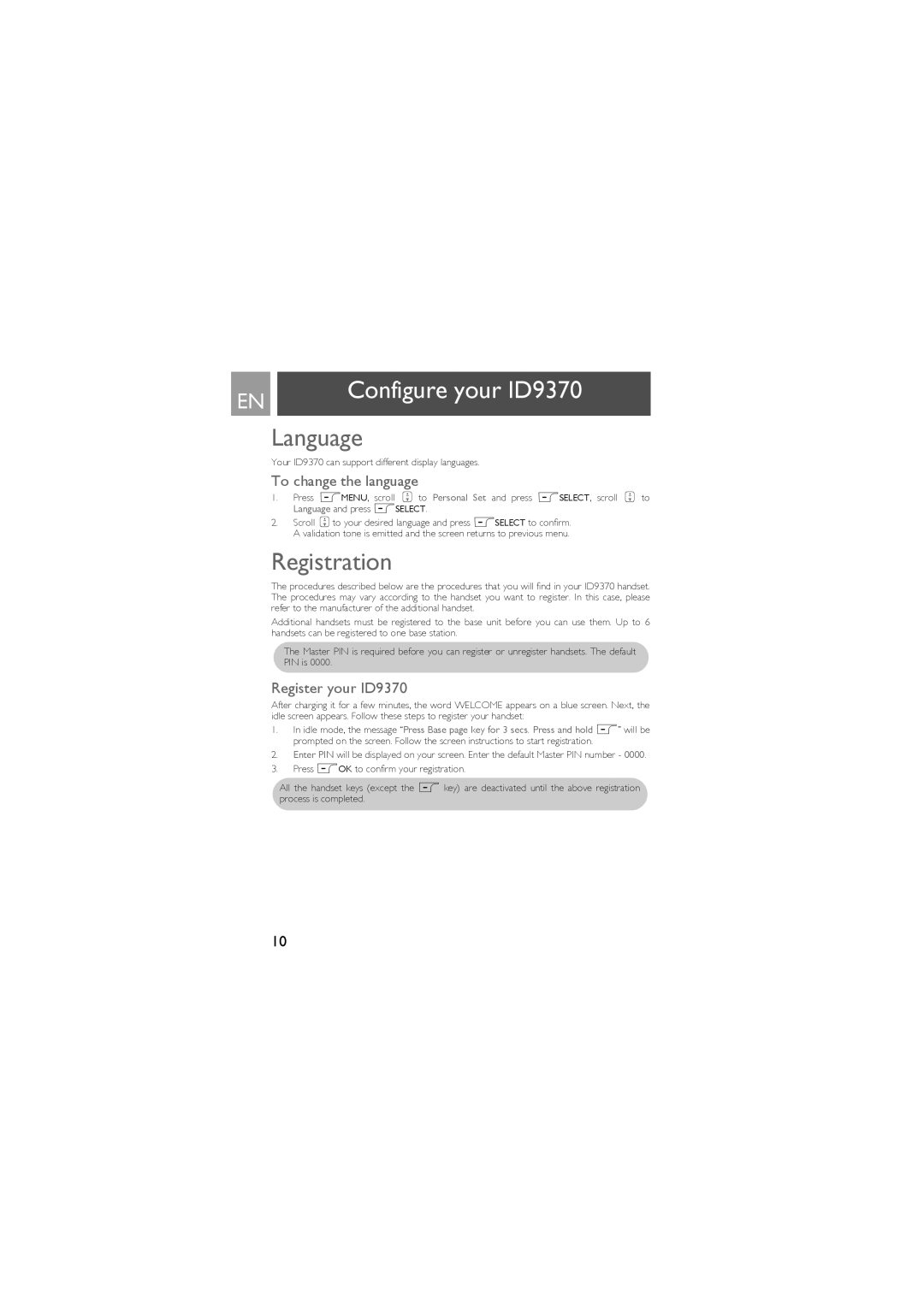 Philips ID9370B manual Language, Registration, To change the language, Register your ID9370 