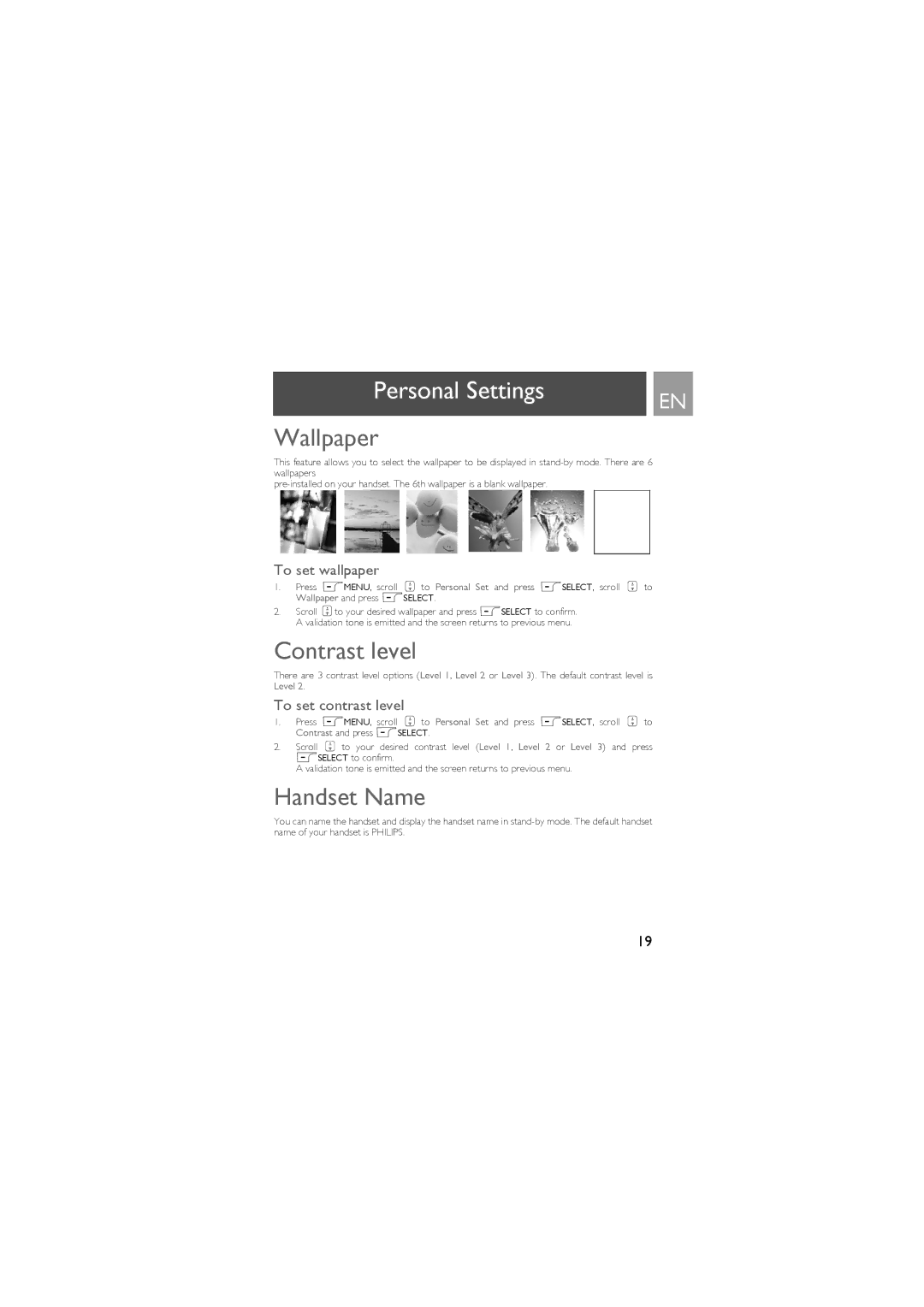 Philips ID9370B manual Wallpaper, Contrast level, Handset Name, To set wallpaper, To set contrast level 