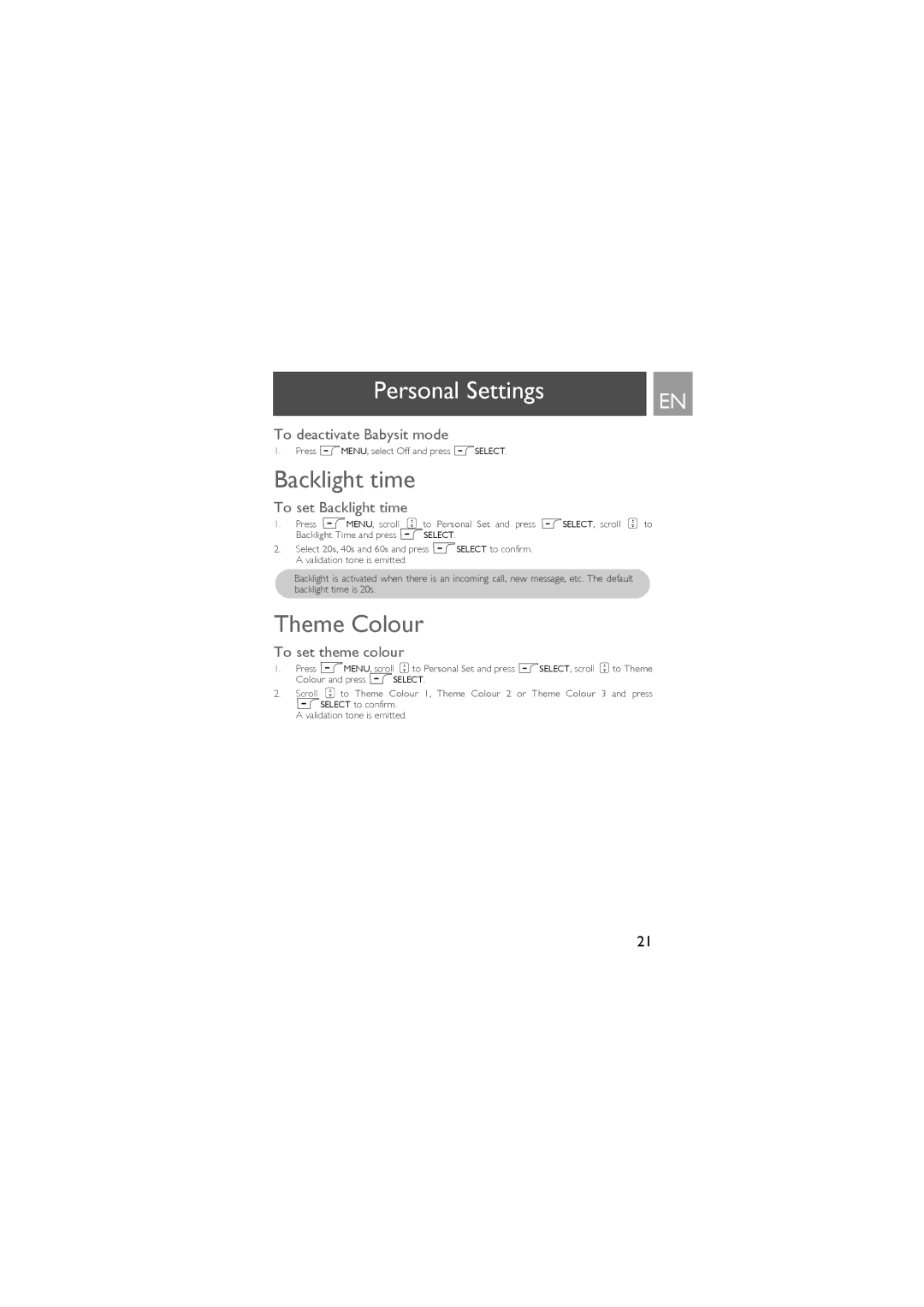 Philips ID9370B manual Theme Colour, To deactivate Babysit mode, To set Backlight time, To set theme colour 