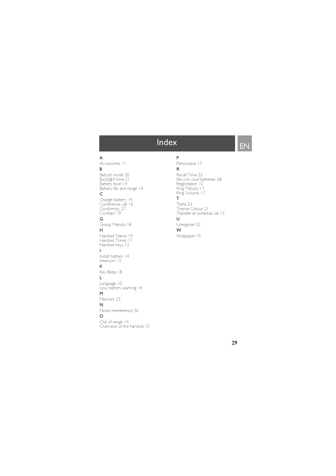 Philips ID9370B manual Index, Overview of the handset 