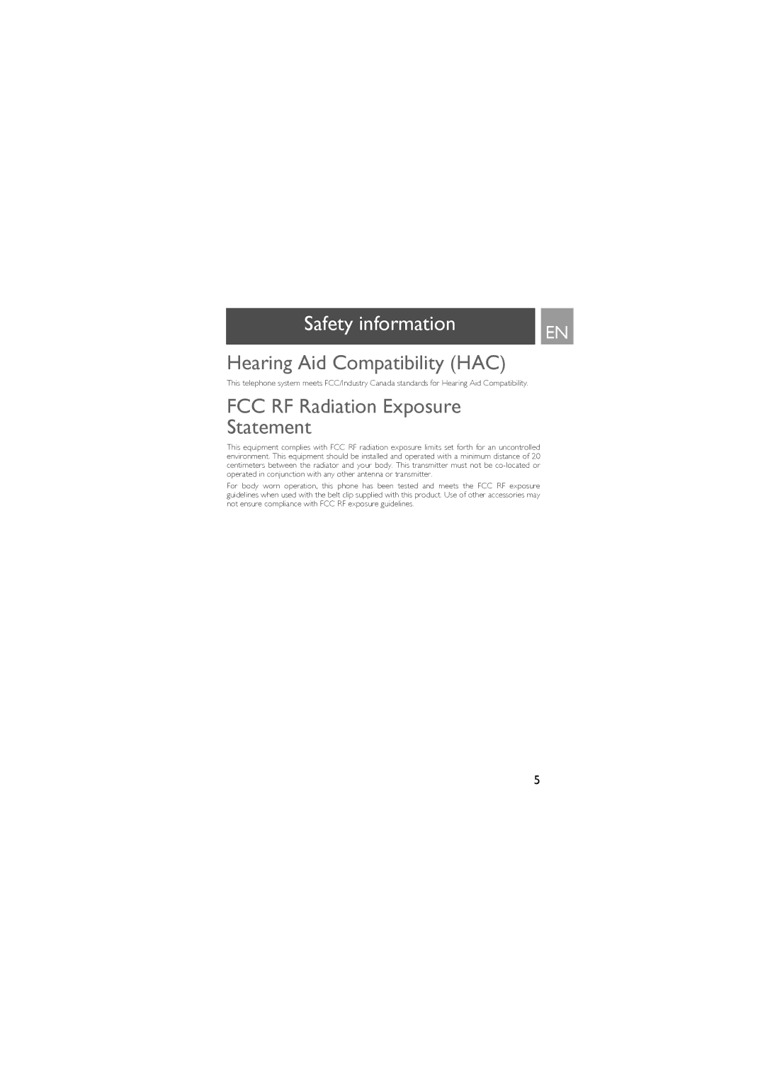 Philips ID9370B manual Hearing Aid Compatibility HAC, FCC RF Radiation Exposure Statement 