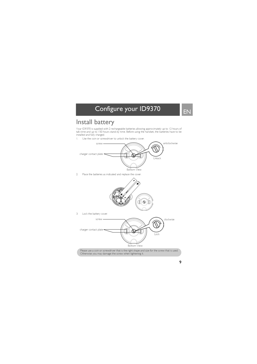 Philips ID9370B manual Configure your ID9370, Install battery 