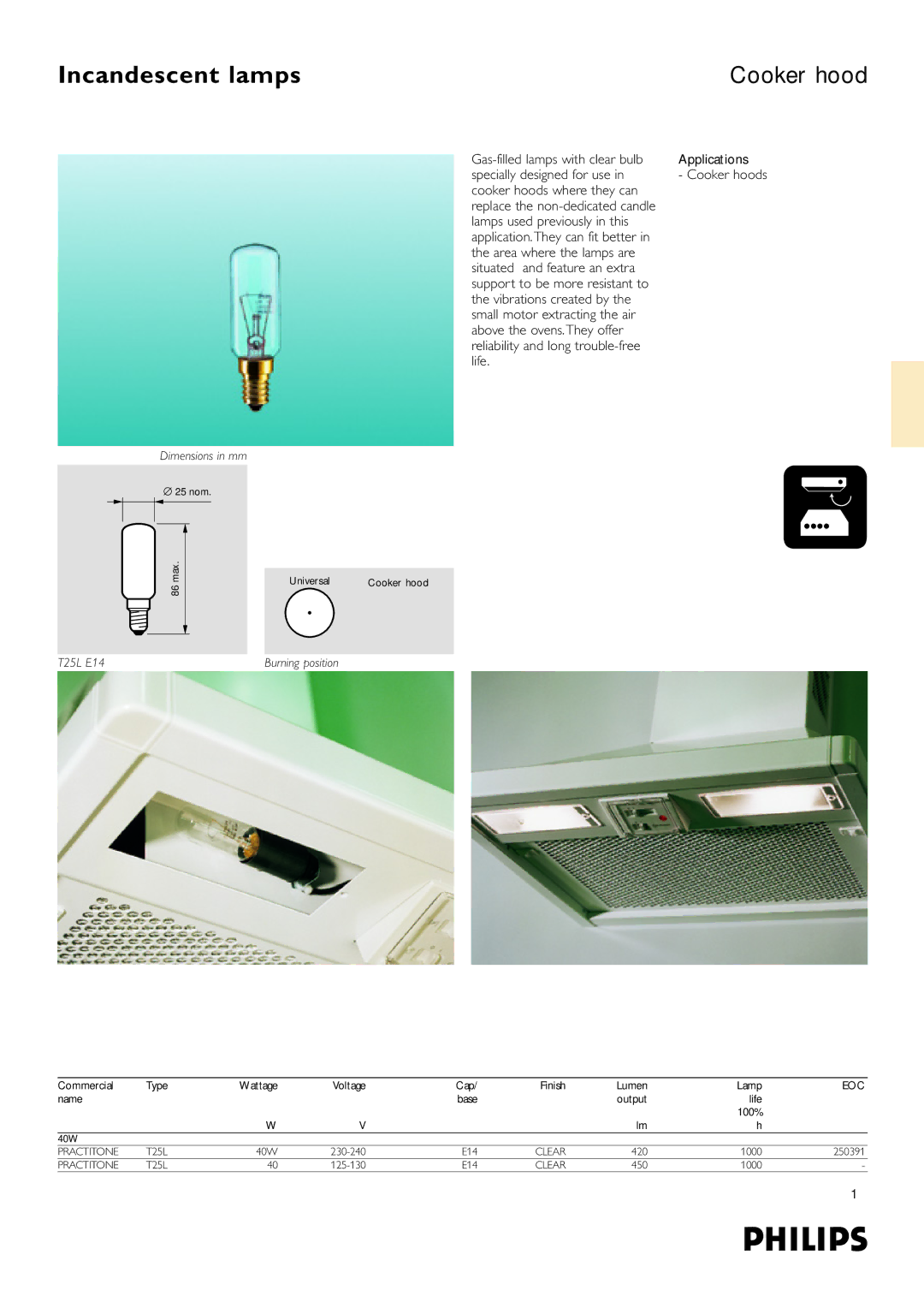 Philips Incandescent lamps Cooker Hood dimensions Cooker hood, Dimensions in mm, T25L E14, Eoc 