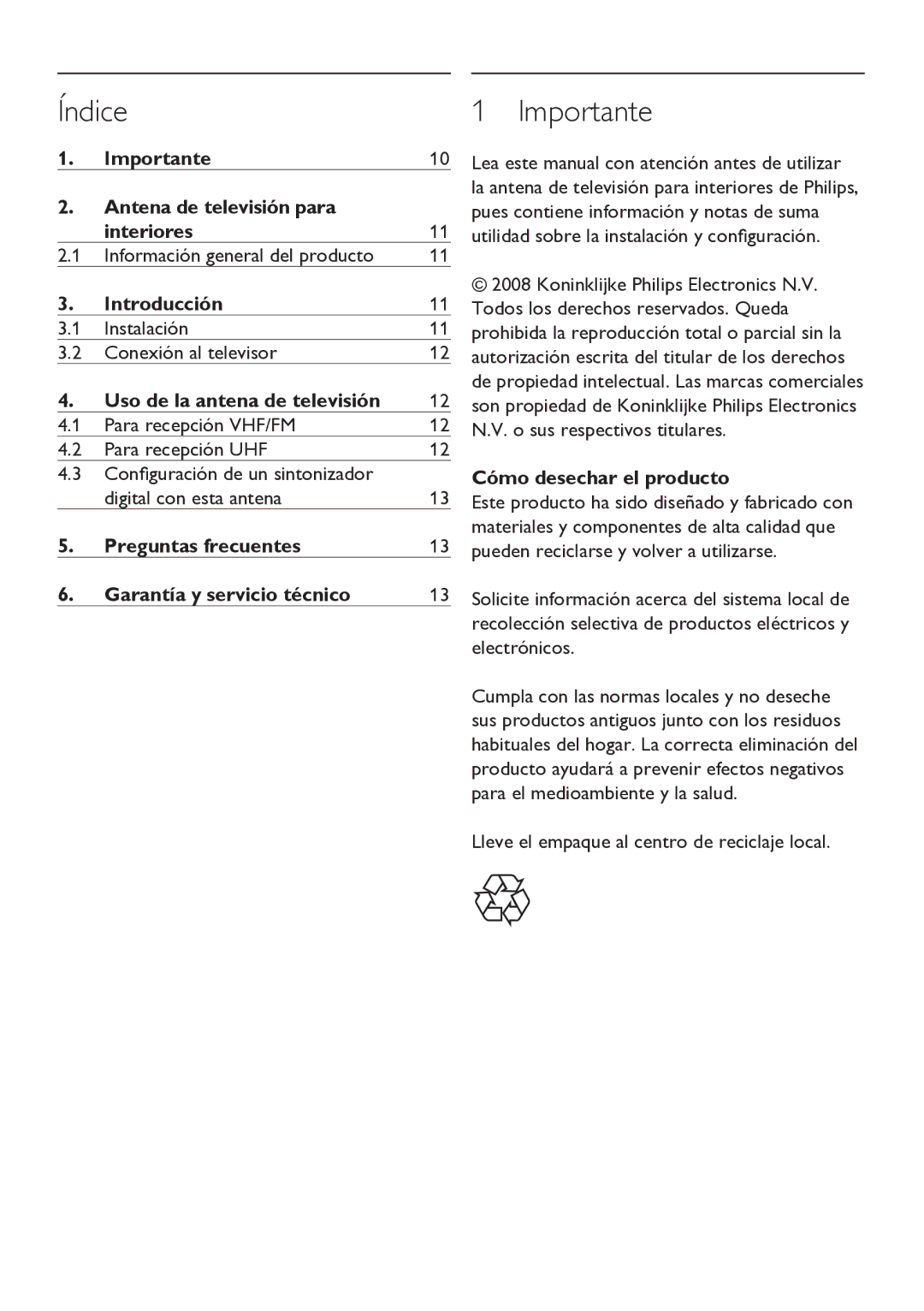 Philips Indoor Antenna manual Índice, Importante 