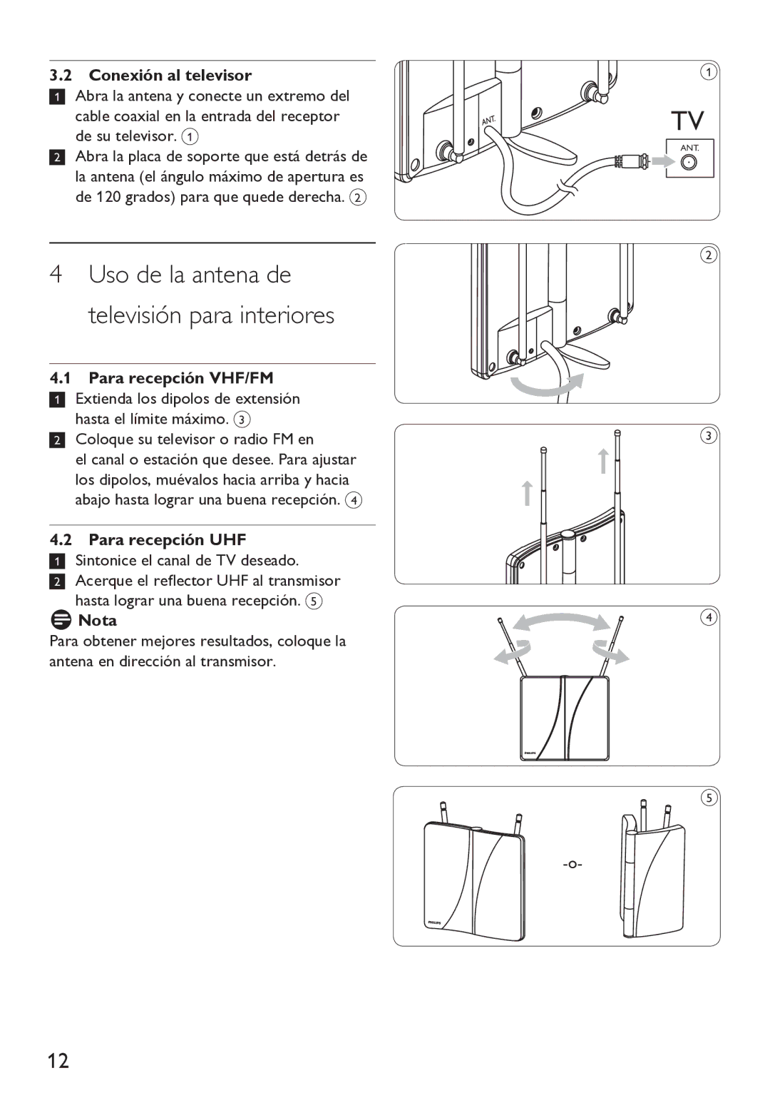 Philips Indoor Antenna Uso de la antena de televisión para interiores, Conexión al televisor, Para recepción VHF/FM, Nota 