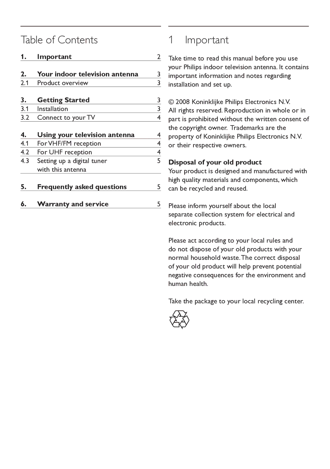 Philips Indoor Antenna manual Table of Contents 