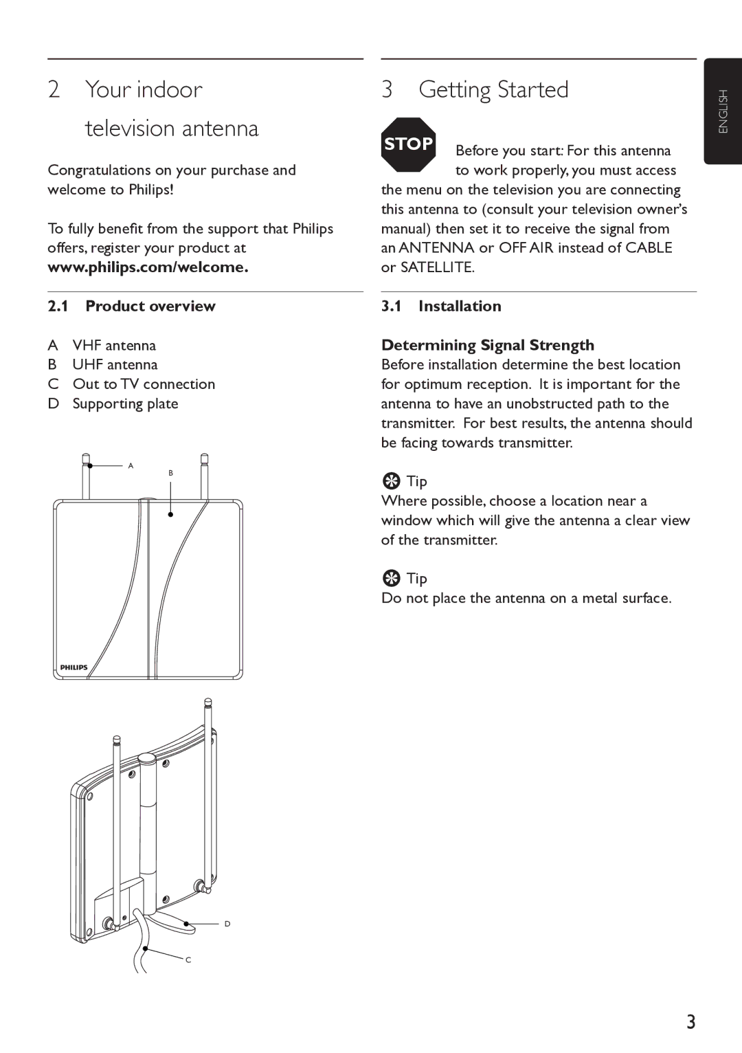 Philips Indoor Antenna manual Getting Started, Your indoor television antenna, Product overview 