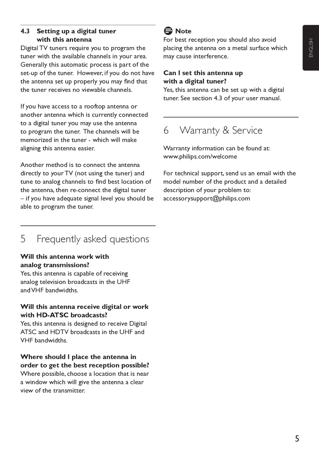 Philips Indoor Antenna manual Warranty & Service, Frequently asked questions, Setting up a digital tuner with this antenna 