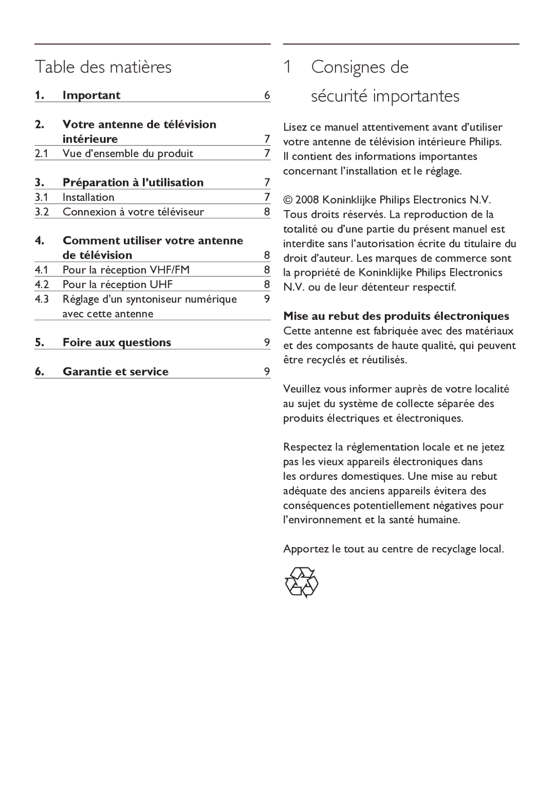 Philips Indoor Antenna manual Table des matières, Consignes de sécurité importantes 