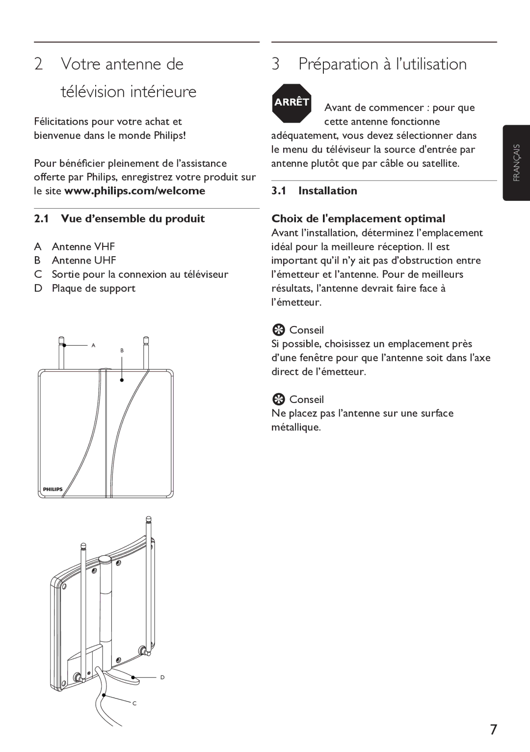 Philips Indoor Antenna Préparation à l’utilisation, Votre antenne de télévision intérieure, Vue d’ensemble du produit 