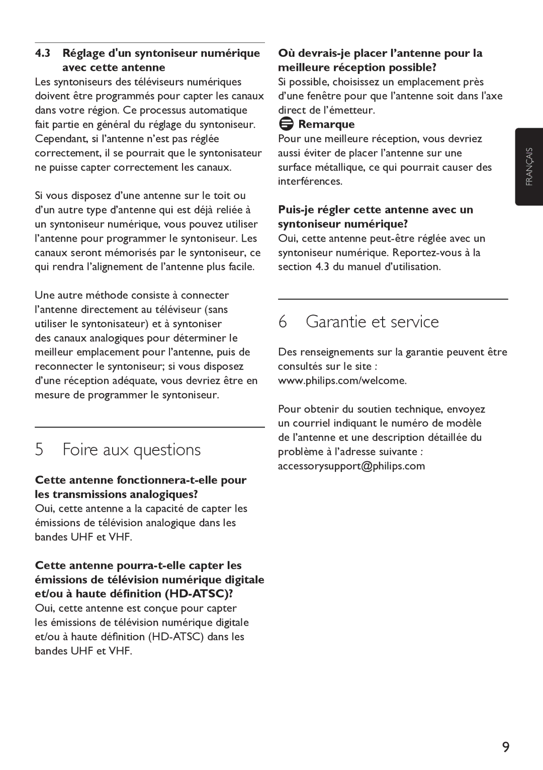 Philips Indoor Antenna Foire aux questions, Garantie et service, Réglage dun syntoniseur numérique avec cette antenne 