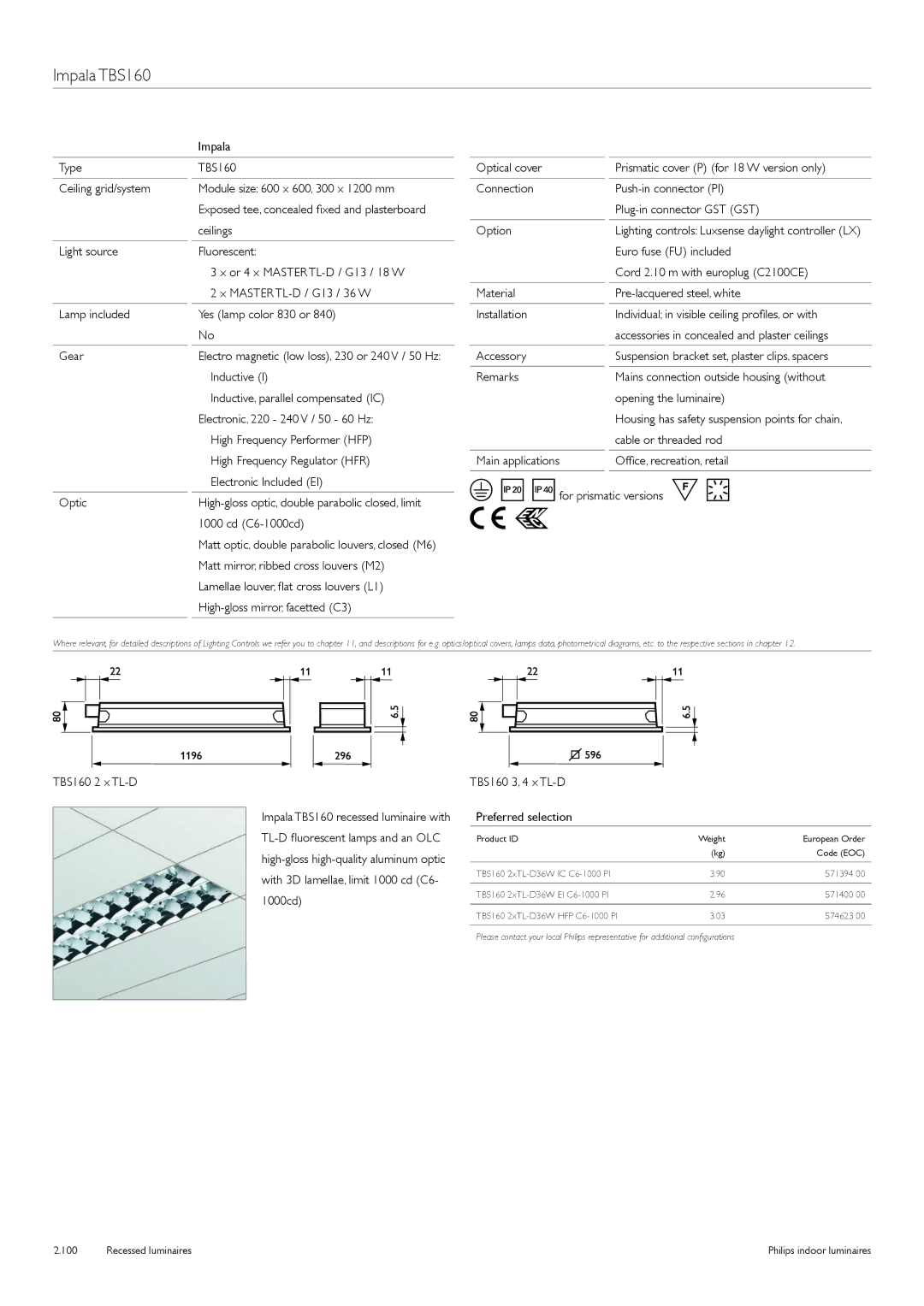 Philips Indoor Luminaires manual Impala TBS160, Plug-in connector GST GST, Office, recreation, retail, TBS160 2 x TL-D 