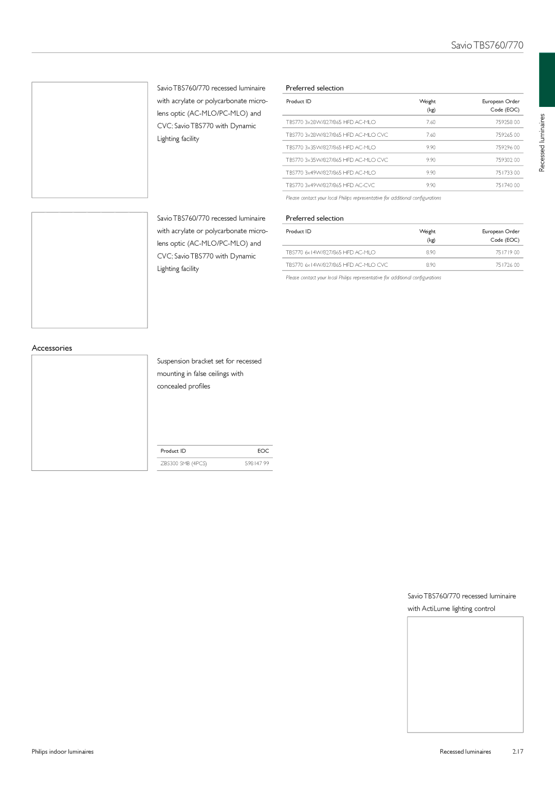 Philips Indoor Luminaires manual Lens optic AC-MLO/PC-MLO, CVC Savio TBS770 with Dynamic, Lighting facility 