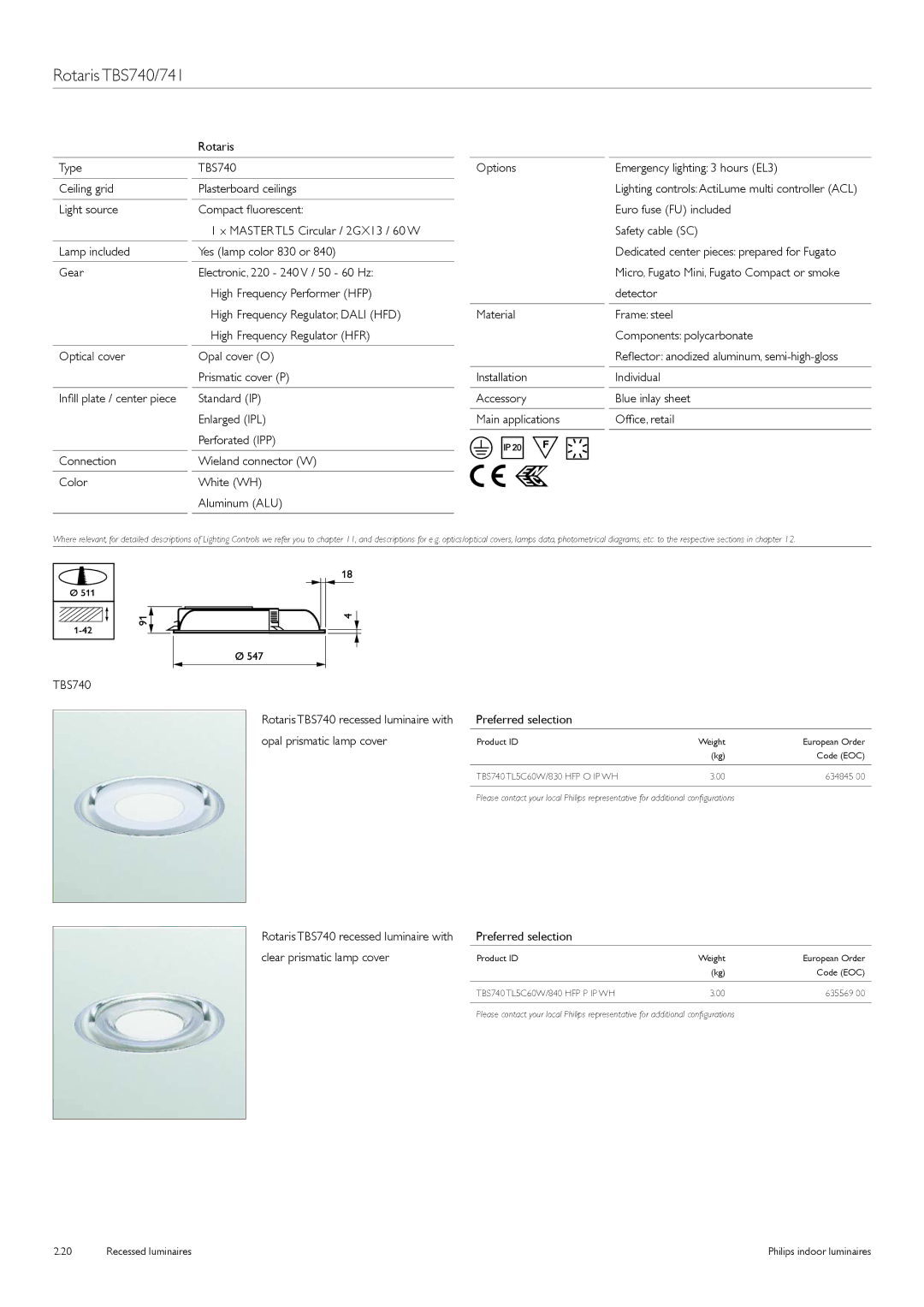 Philips Indoor Luminaires manual Rotaris TBS740/741, Prismatic cover P Installation Individual 