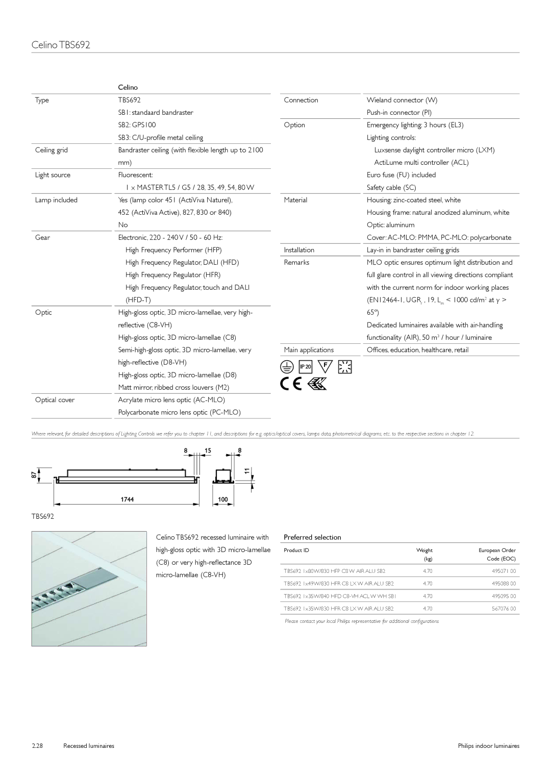 Philips Indoor Luminaires manual Celino TBS692, Light source Fluorescent Euro fuse FU included 