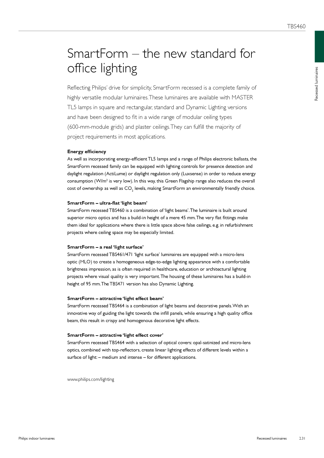 Philips Indoor Luminaires manual SmartForm the new standard for office lighting, TBS460 