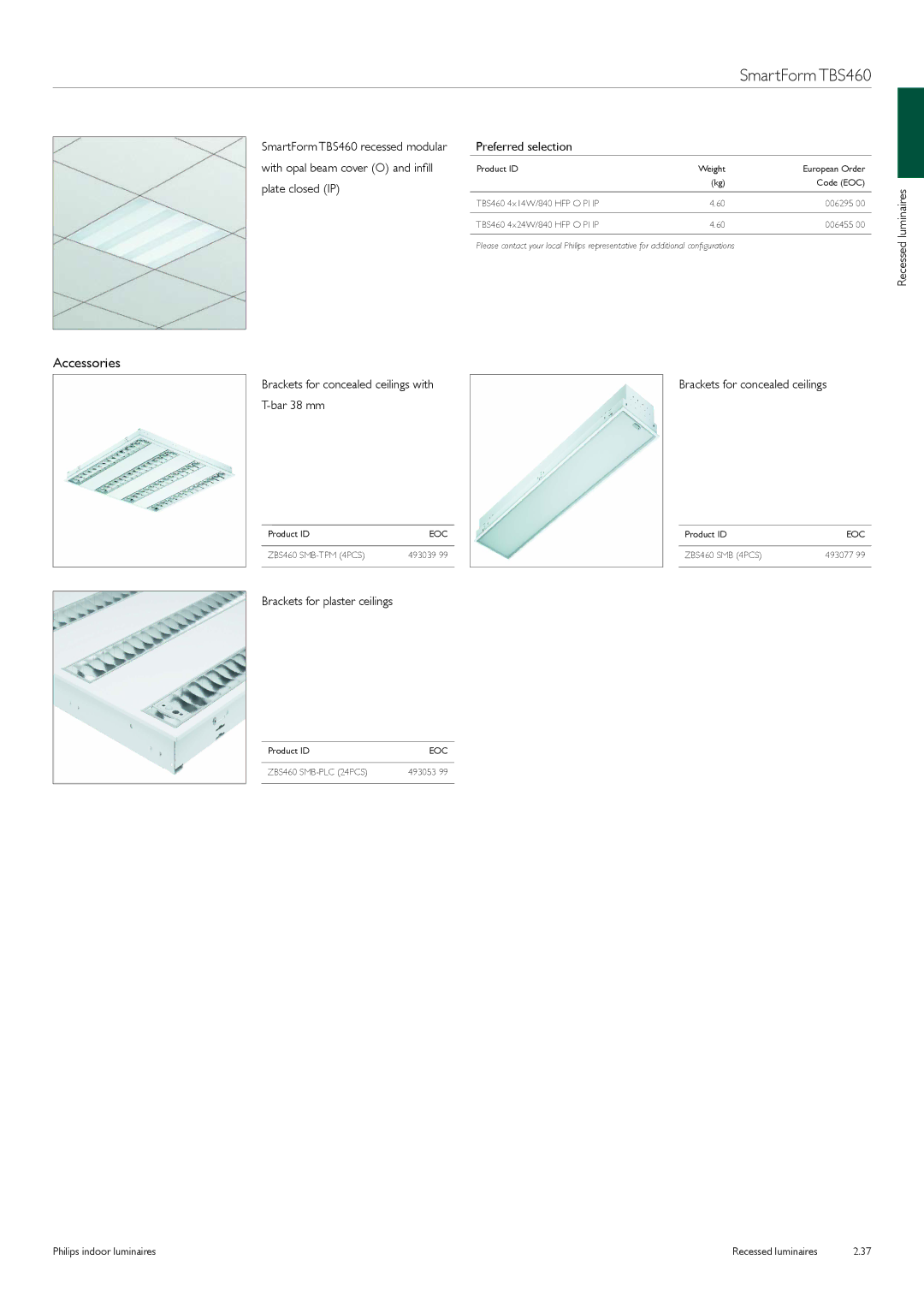 Philips Indoor Luminaires manual Brackets for plaster ceilings, Brackets for concealed ceilings 