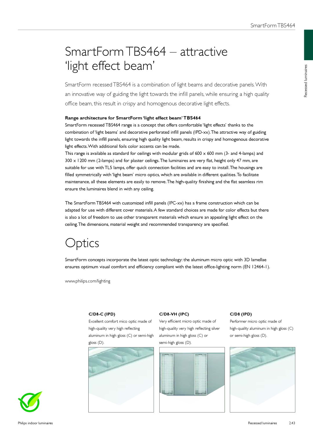 Philips Indoor Luminaires manual SmartForm TBS464 attractive ‘light effect beam’, Optics 