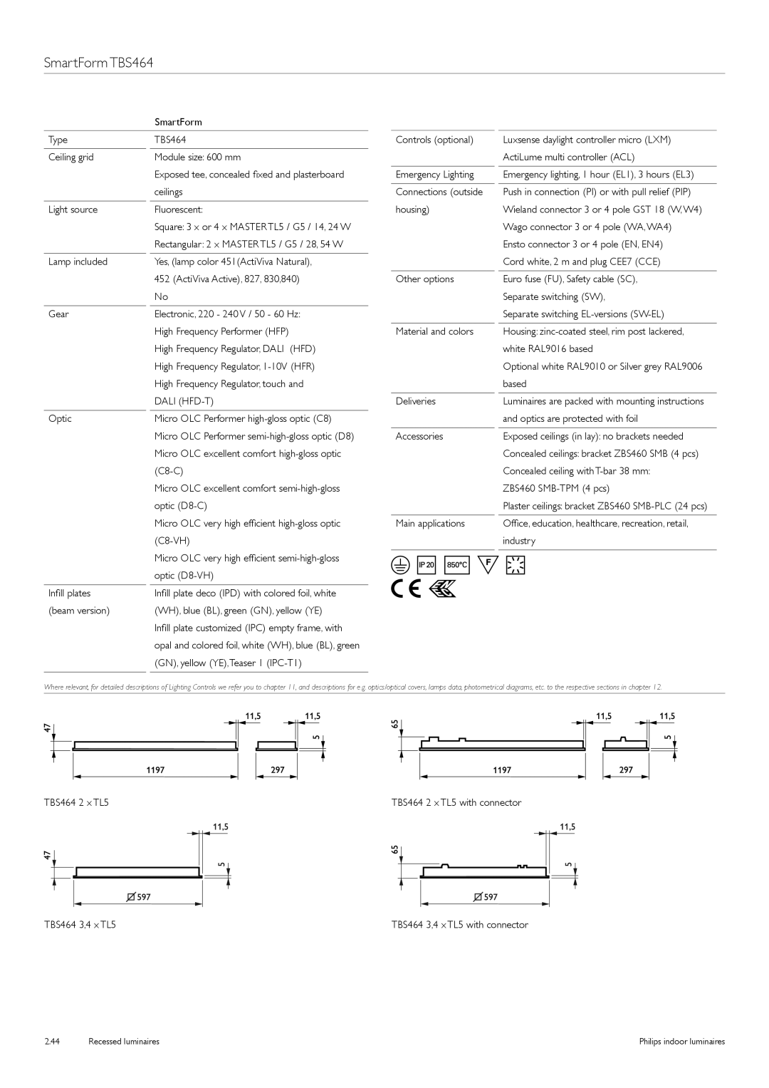 Philips Indoor Luminaires Emergency Lighting, Wago connector 3 or 4 pole WA, WA4, High Frequency Regulator, touch Based 