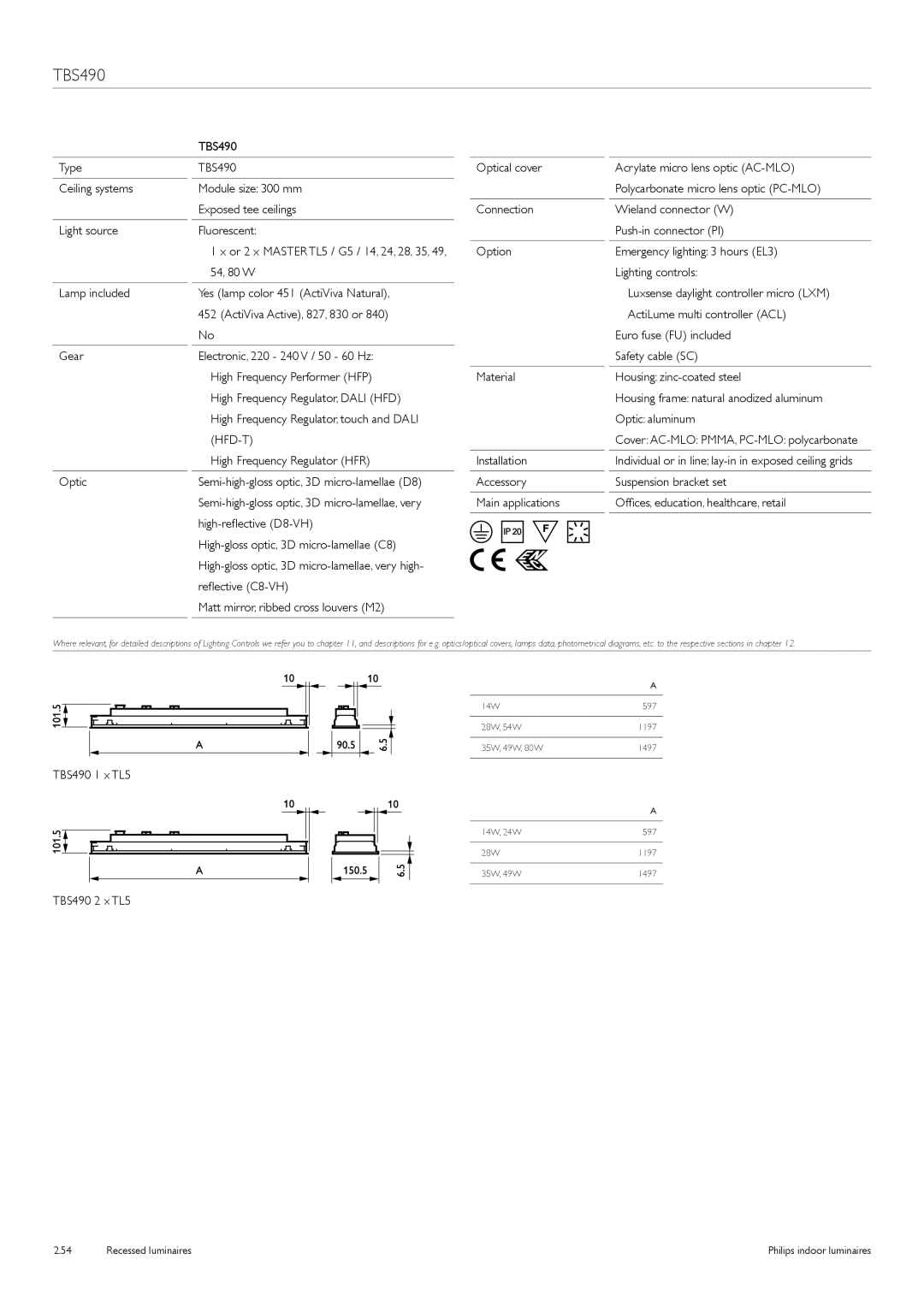 Philips Indoor Luminaires manual High Frequency Regulator HFR Installation, TBS490 1 x TL5, TBS490 2 x TL5 