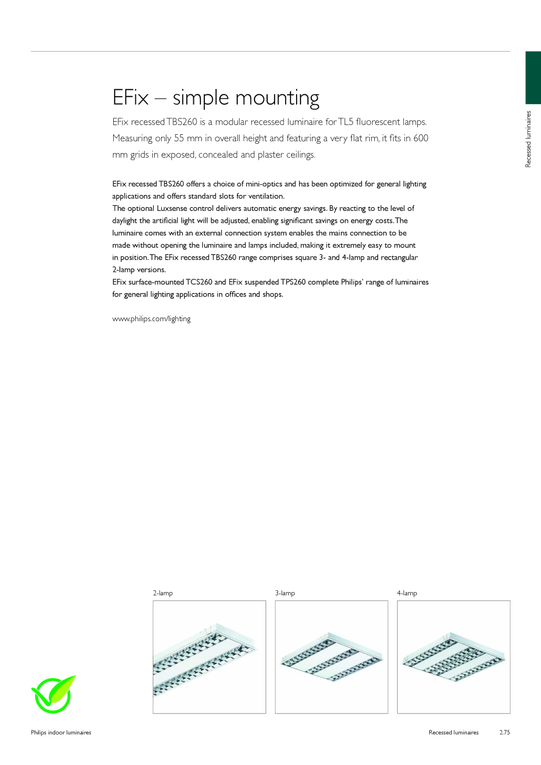 Philips Indoor Luminaires manual EFix simple mounting, Recessed luminaires Lamp 