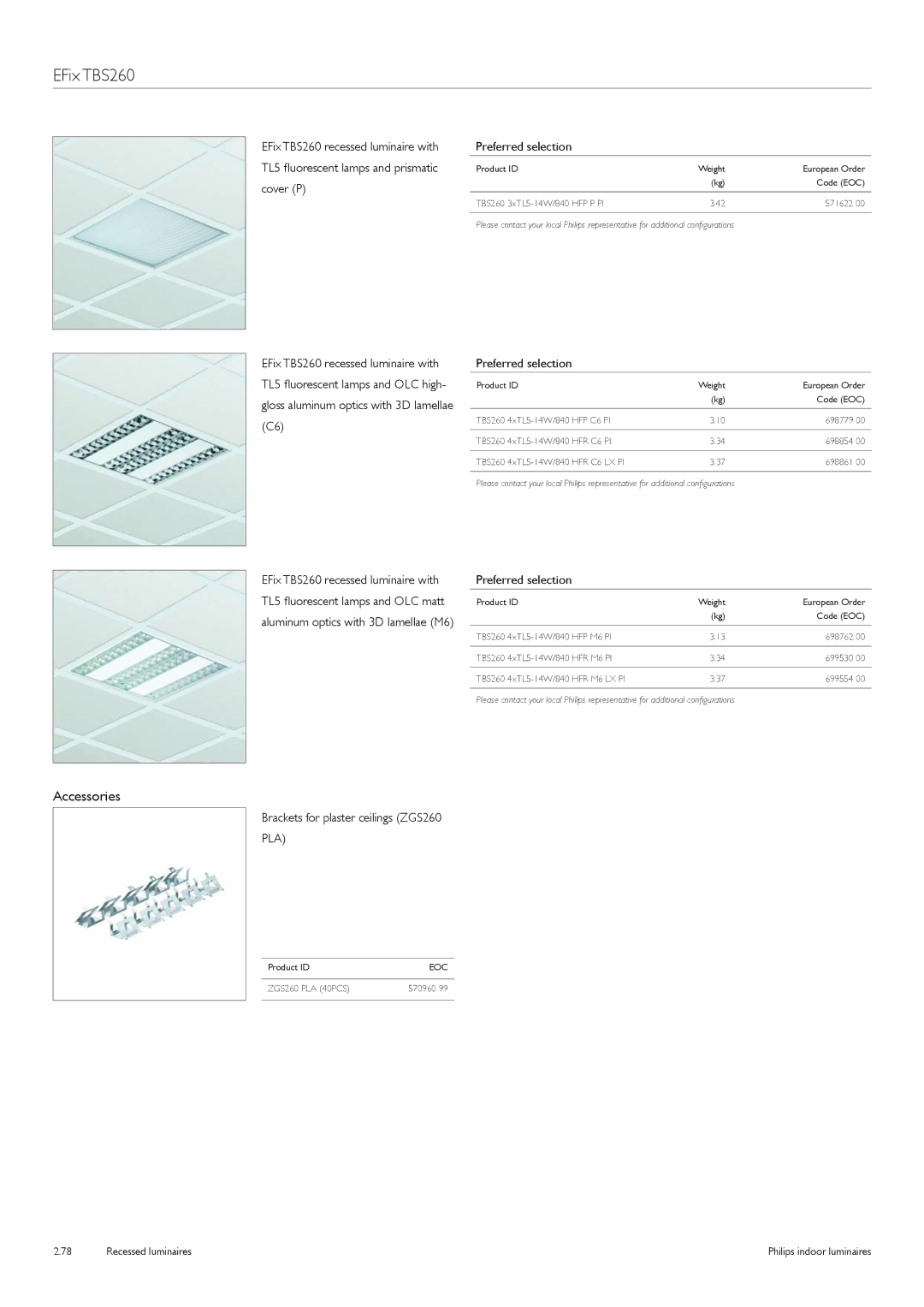 Philips Indoor Luminaires manual Brackets for plaster ceilings ZGS260 PLA Preferred selection 